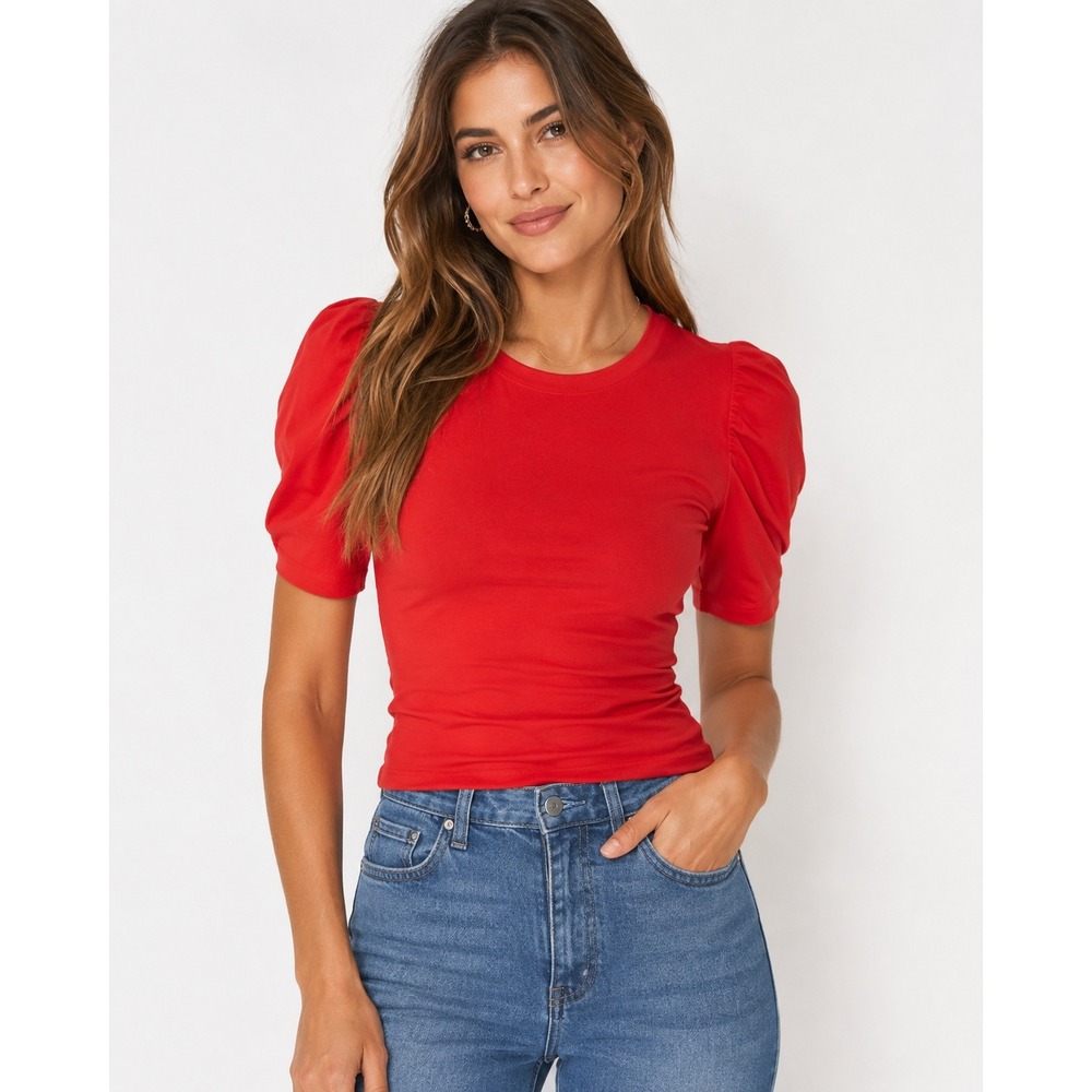 Skies Are Blue Red Puff Sleeve Knot Tie Top Crew Neck 44258DL Small